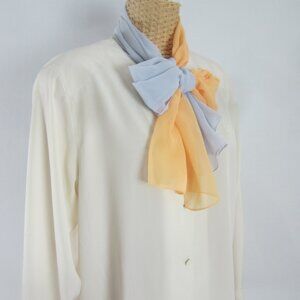 Vtg Marquise Womens M Ivory Periwinkle Blue Peach LS Silk Shirt Front Ties 40"